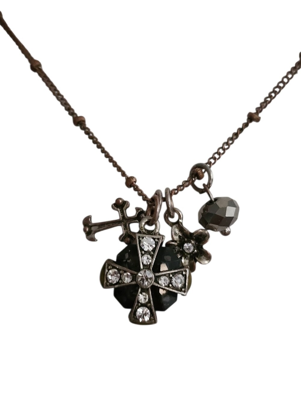VCLM Rose-Bronze Cross Charm Necklace with Crystal Accents - Vintage